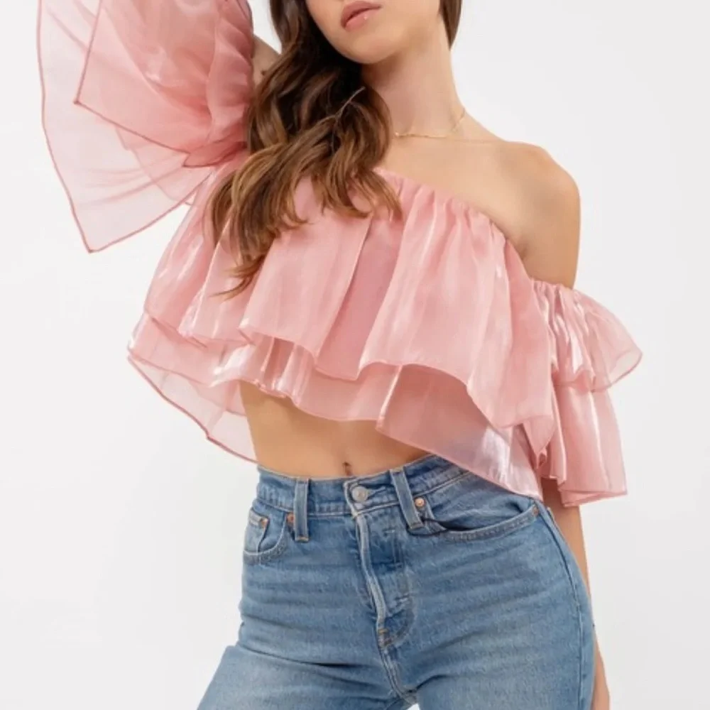 Enchanted Ruffle Tulle Off the Shoulder Crop Top Princess Flounce Elegant Pink - Picture 4 of 8